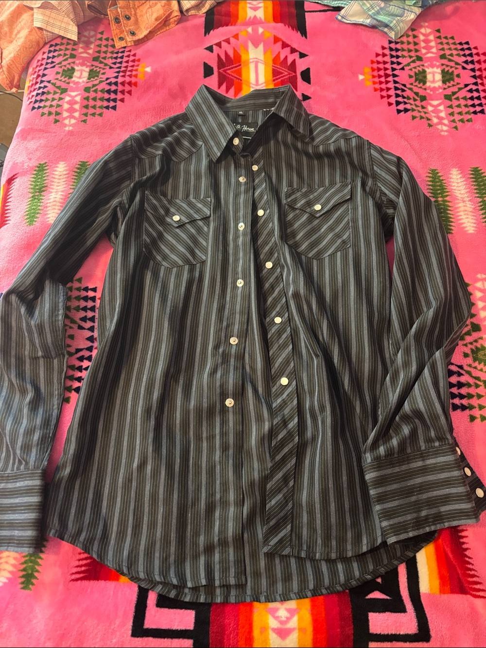 Boys Striped Western-Style Button-Down Shirt - Black/Gray